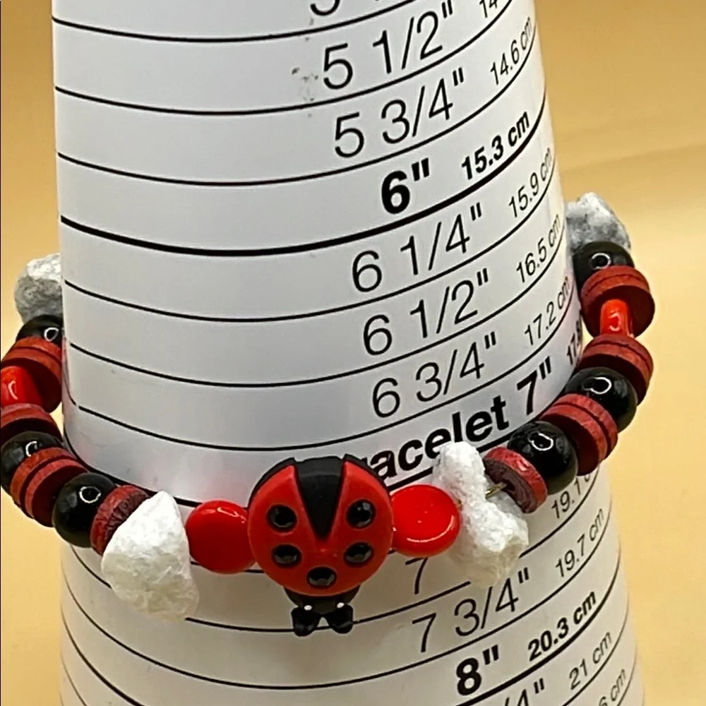 Whimsical Ladybug Beaded Bracelet - Red Black & stones